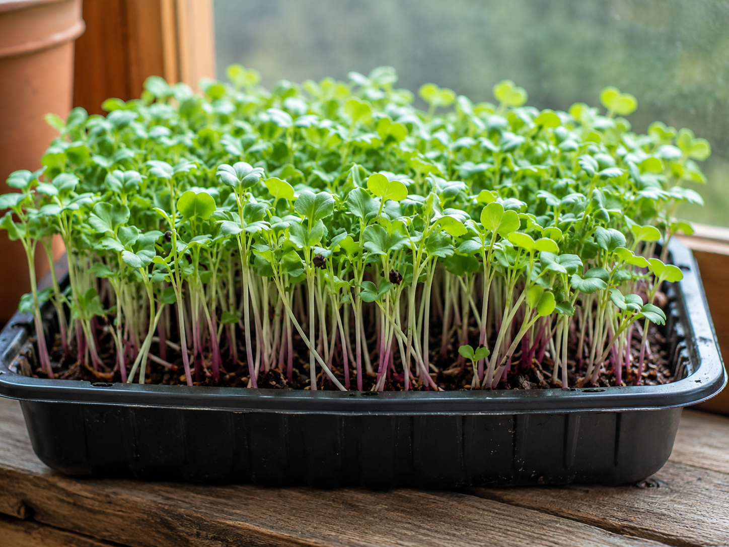 Fresh microgreens growing in a tray at de Beerhorst